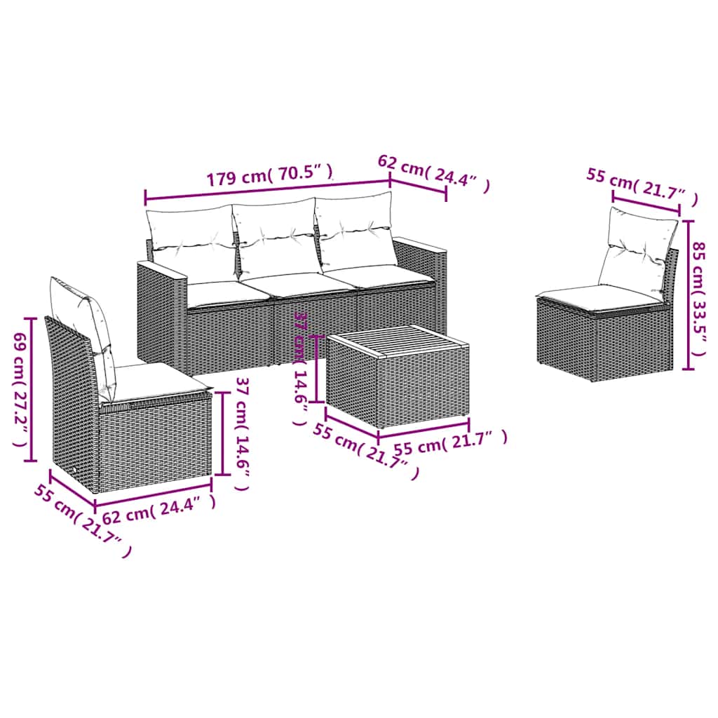 Set Divano da Giardino 6 pz con Cuscini Nero in Polyrattan | homemem39
