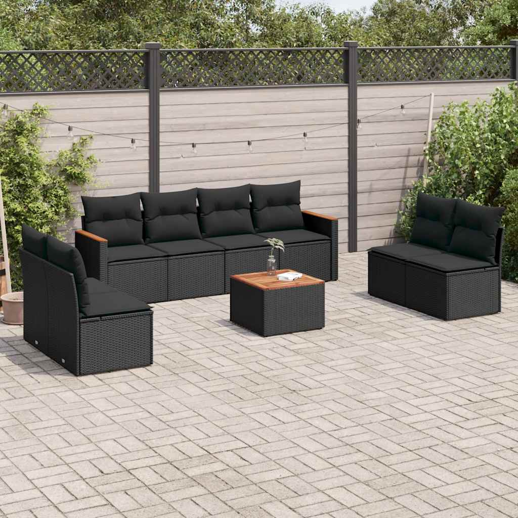 Set Divani da Giardino 9 pz con Cuscini Nero in Polyrattan | homemem39
