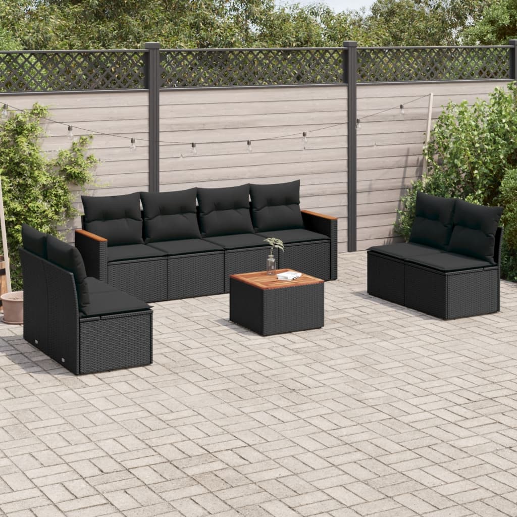 Set Divani da Giardino 9 pz con Cuscini Nero in Polyrattan - homemem39