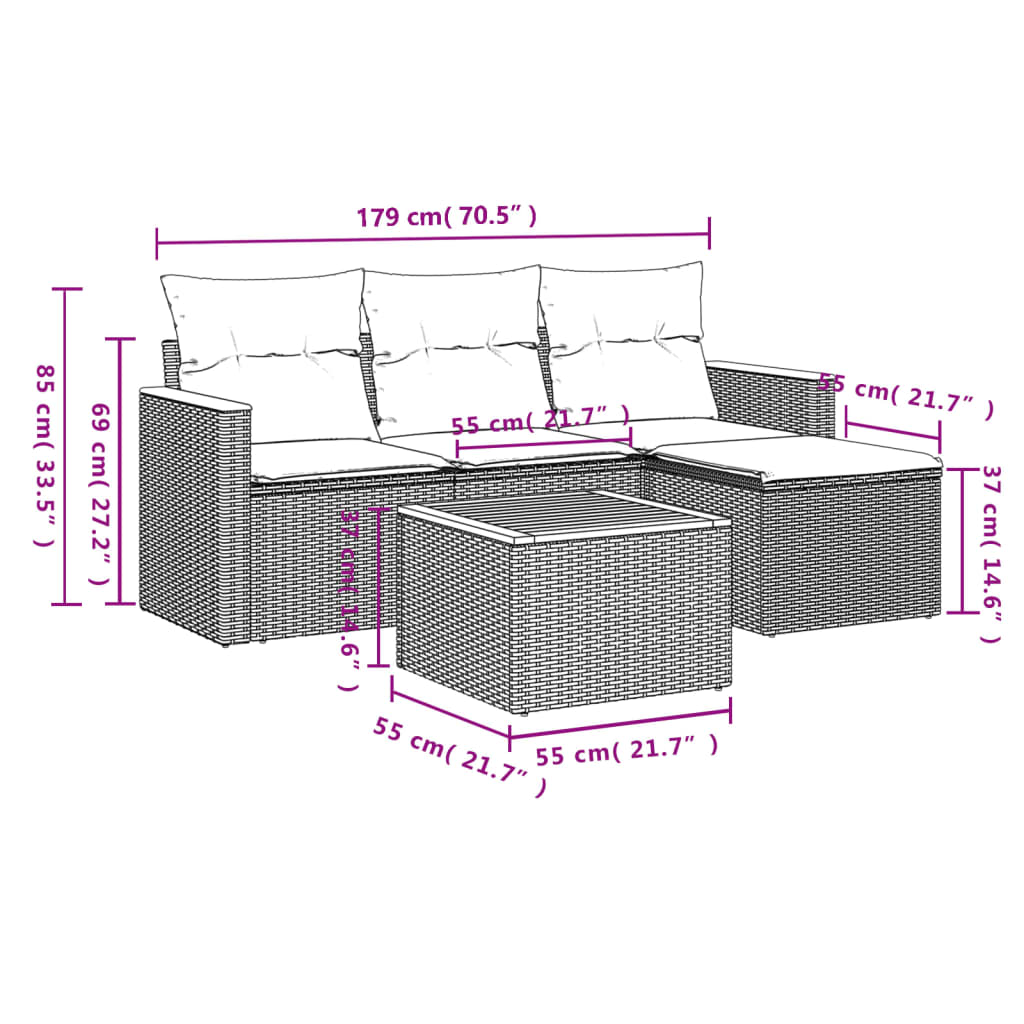 Set Divano da Giardino 5 pz con Cuscini Grigio in Polyrattan - homemem39