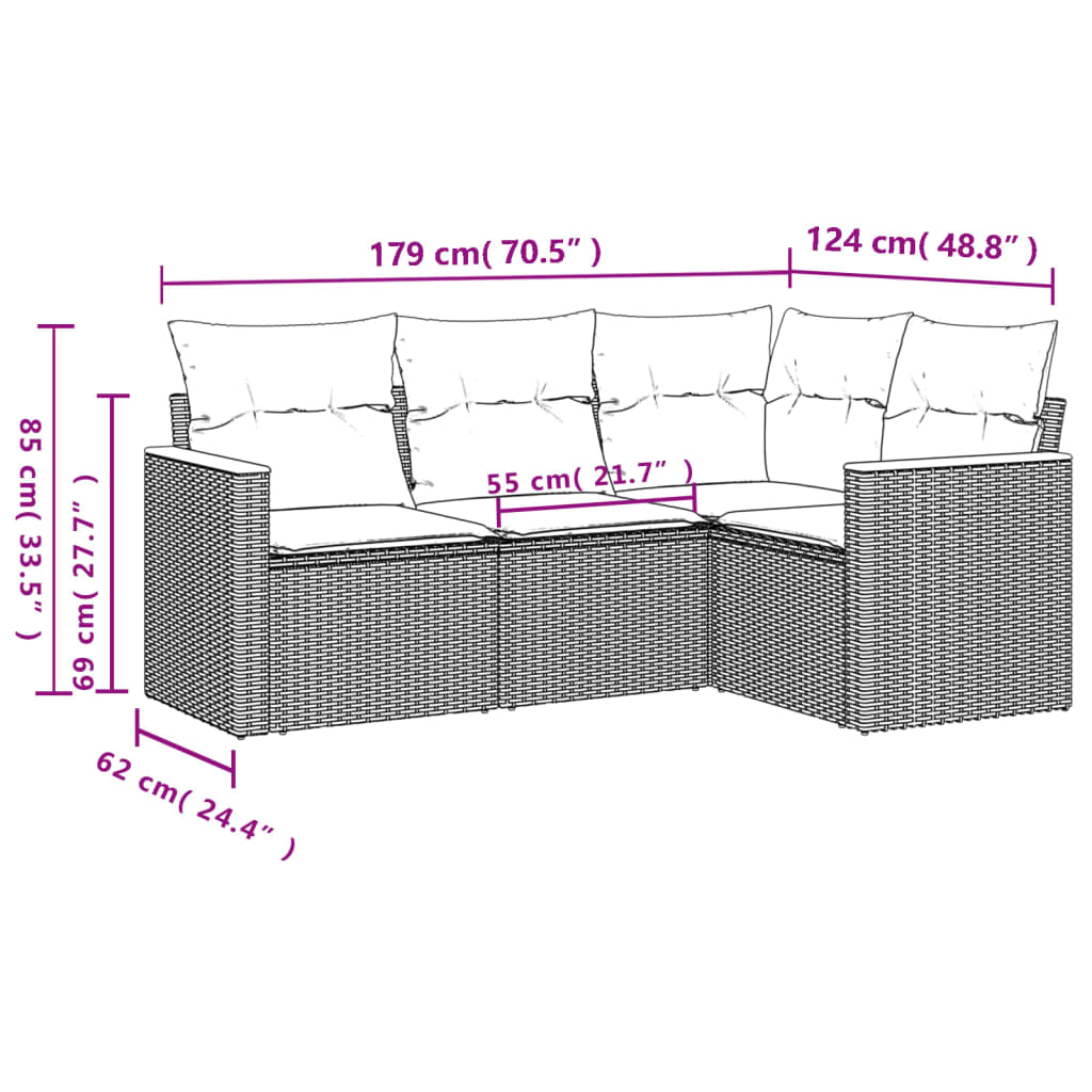 Set Divani da Giardino 4 pz con Cuscini in Polyrattan Grigio
