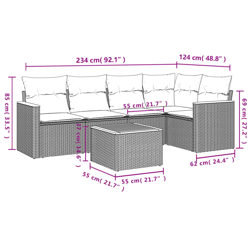 Set Divano da Giardino 6 pz con Cuscini Nero in Polyrattan | homemem39