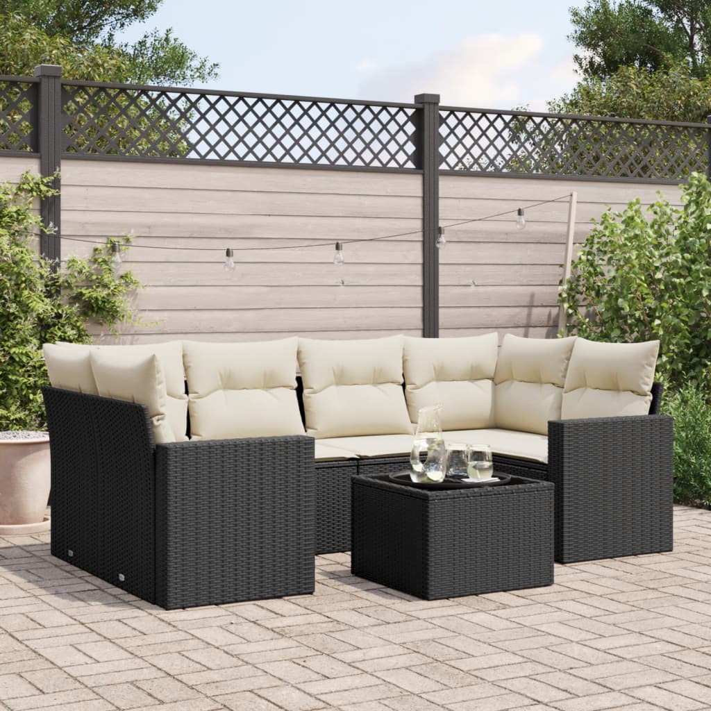 Set Divani da Giardino con Cuscini 7pz Nero Polyrattan