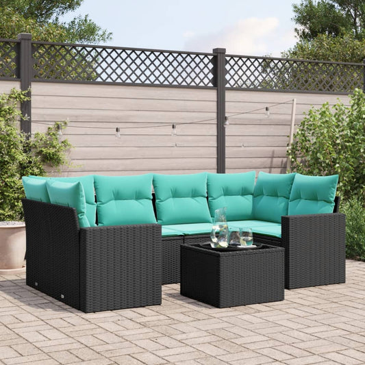 Set Divani da Giardino 7 pz con Cuscini Nero in Polyrattan
