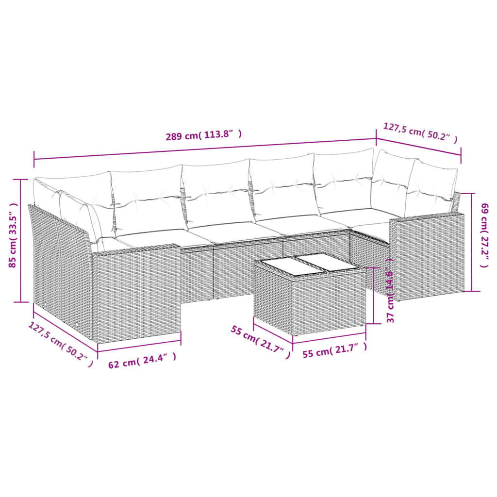 Gartensofa-Set mit Kissen 8-tlg. Schwarz aus Polyrattan