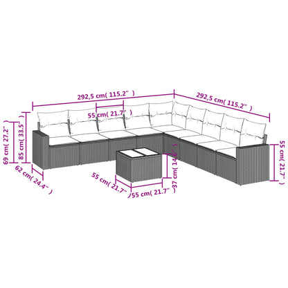 Set Divani da Giardino 10pz con Cuscini in Polyrattan Nero