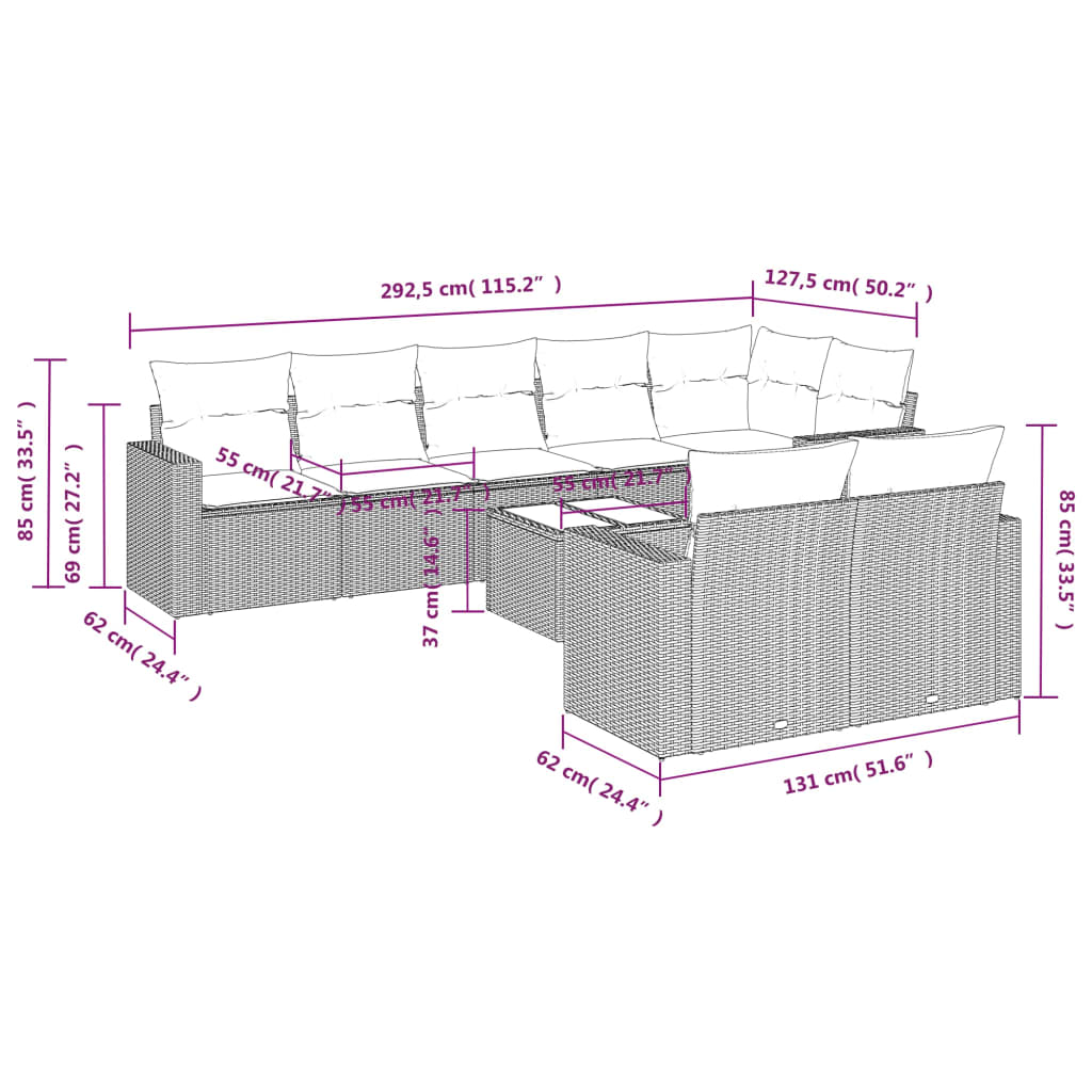 Set Divano da Giardino 9 pz con Cuscini Grigio in Polyrattan | homemem39