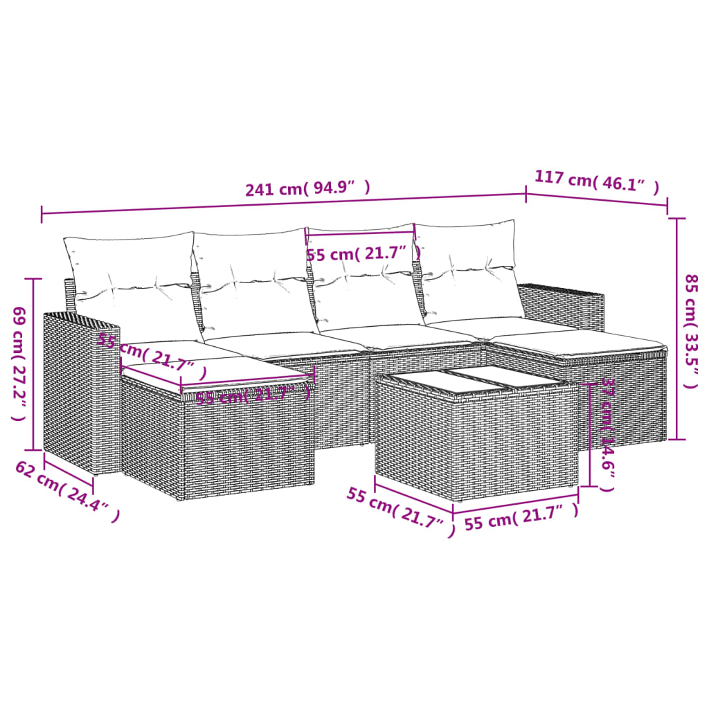 Set Divani da Giardino con Cuscini 7pz Nero Polyrattan