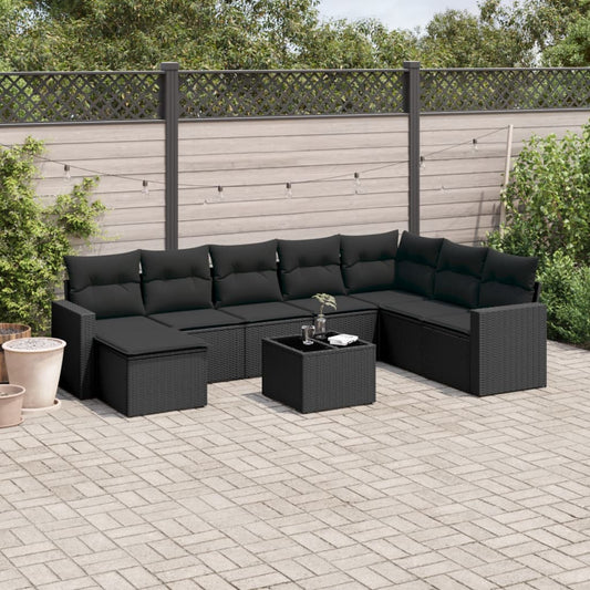 Set Divani da Giardino 9 pz con Cuscini Nero in Polyrattan | homemem39