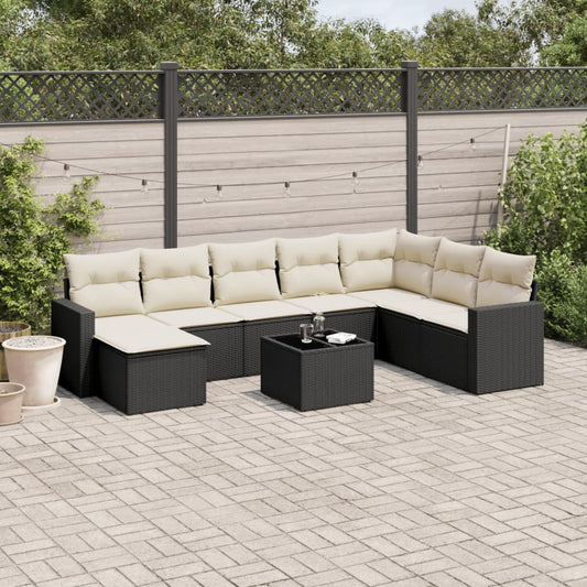 Set Divani da Giardino 9 pz con Cuscini Nero in Polyrattan