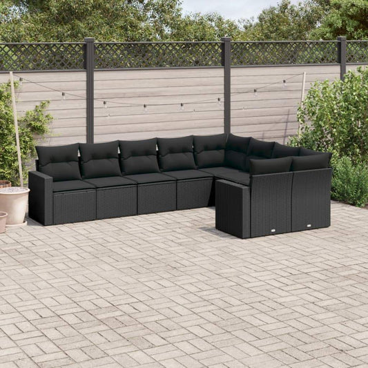 Set Divani da Giardino 9 pz con Cuscini Nero in Polyrattan - homemem39