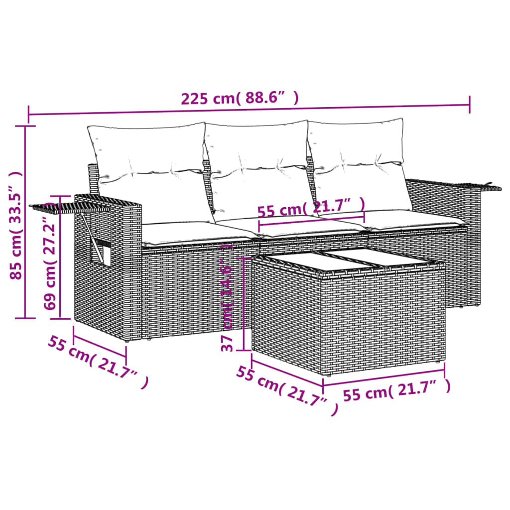 Set Divano da Giardino 4pz con Cuscini Grigio Chiaro Polyrattan