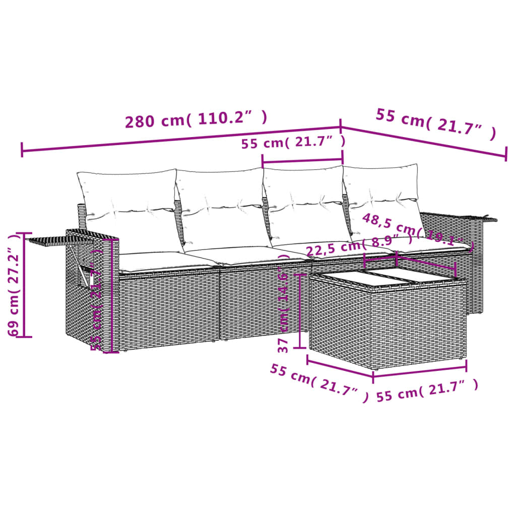 Set Divano da Giardino 5pz con Cuscini Grigio Chiaro Polyrattan