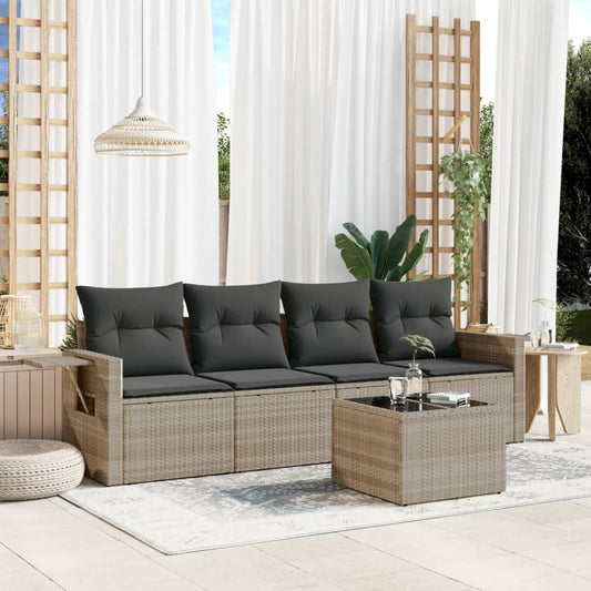 Set Divano da Giardino 5pz con Cuscini Grigio Chiaro Polyrattan