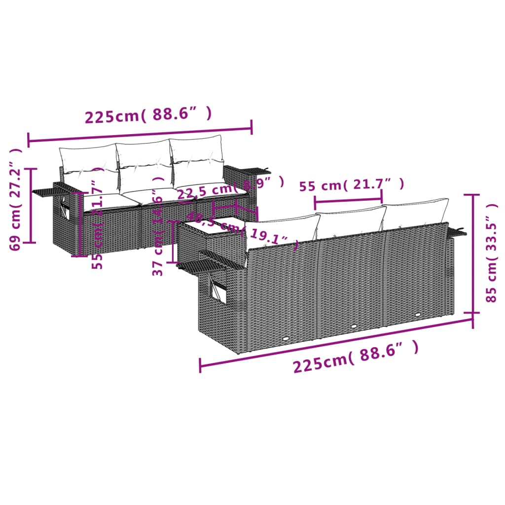 Set Divani da Giardino 7pz con Cuscini Grigio Chiaro Polyrattan