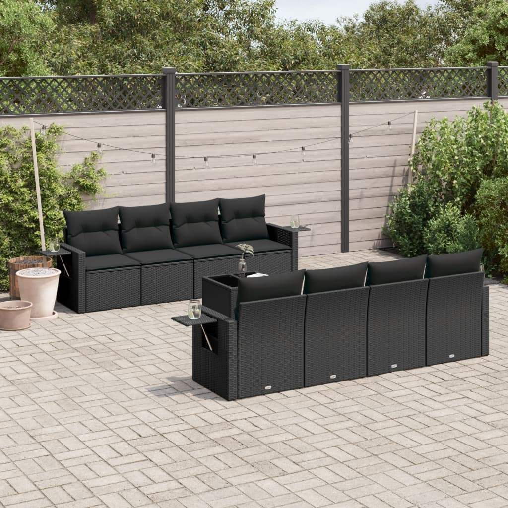 Set Divani da Giardino 9 pz con Cuscini Nero in Polyrattan - homemem39