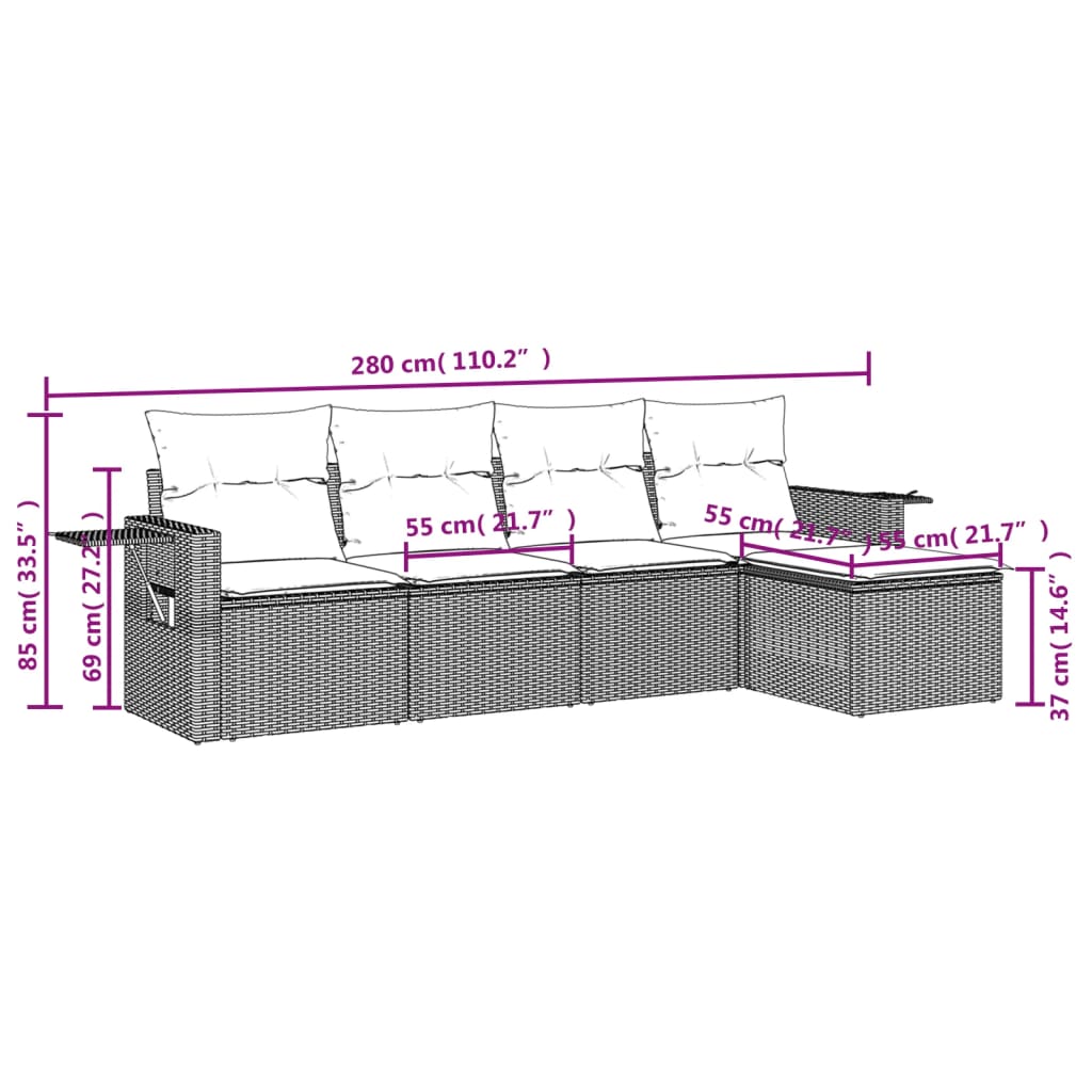 Set Divano da Giardino 5pz con Cuscini Grigio Chiaro Polyrattan