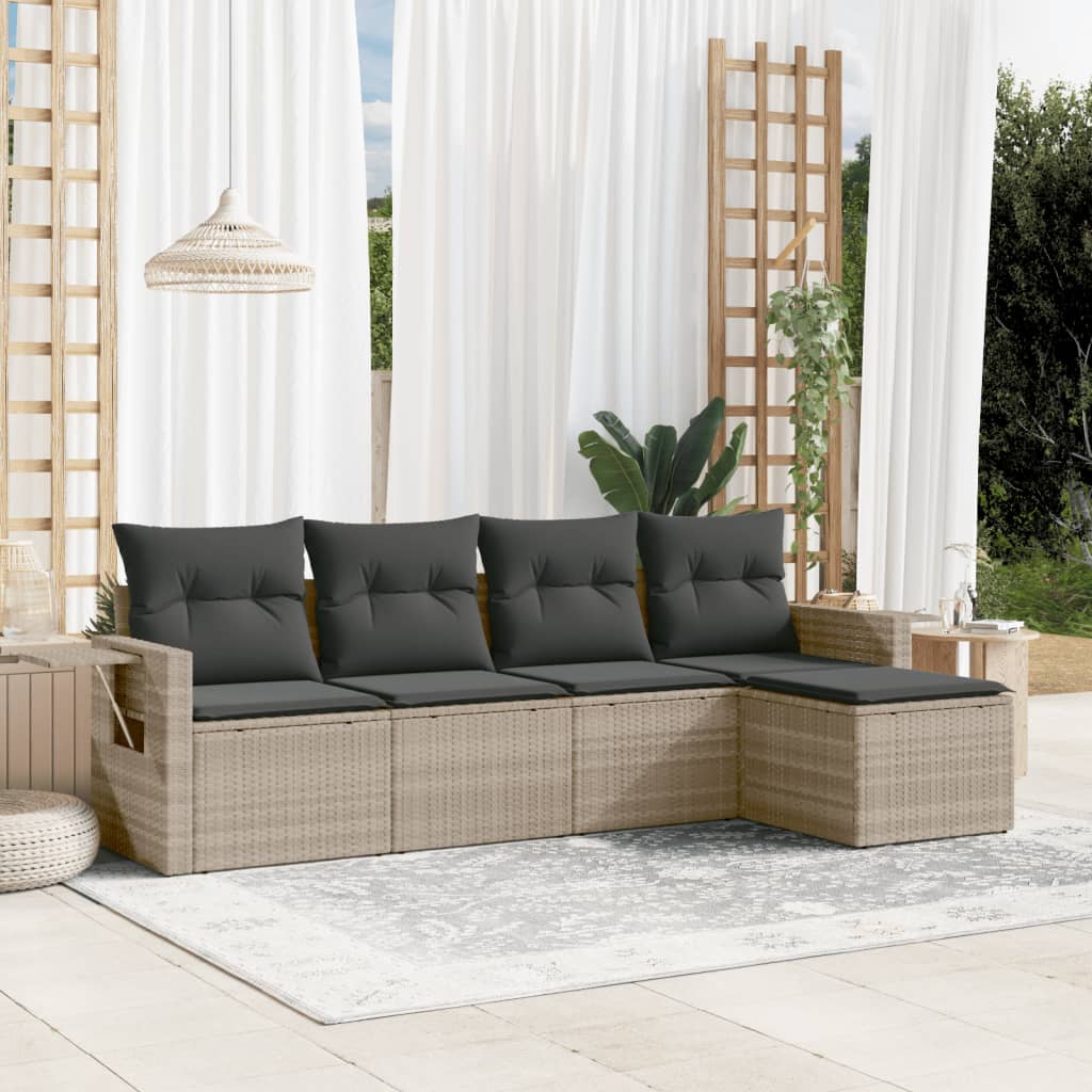 Set Divano da Giardino 5pz con Cuscini Grigio Chiaro Polyrattan