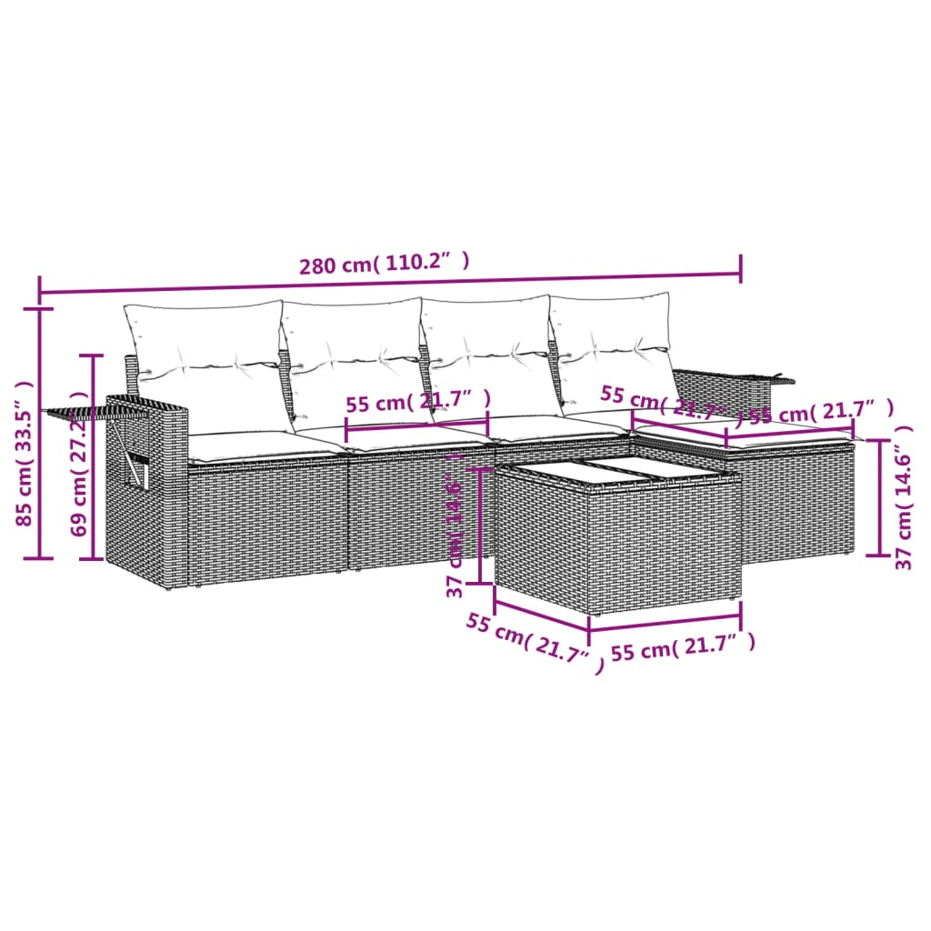 Set Divano da Giardino 6pz con Cuscini Grigio Chiaro Polyrattan