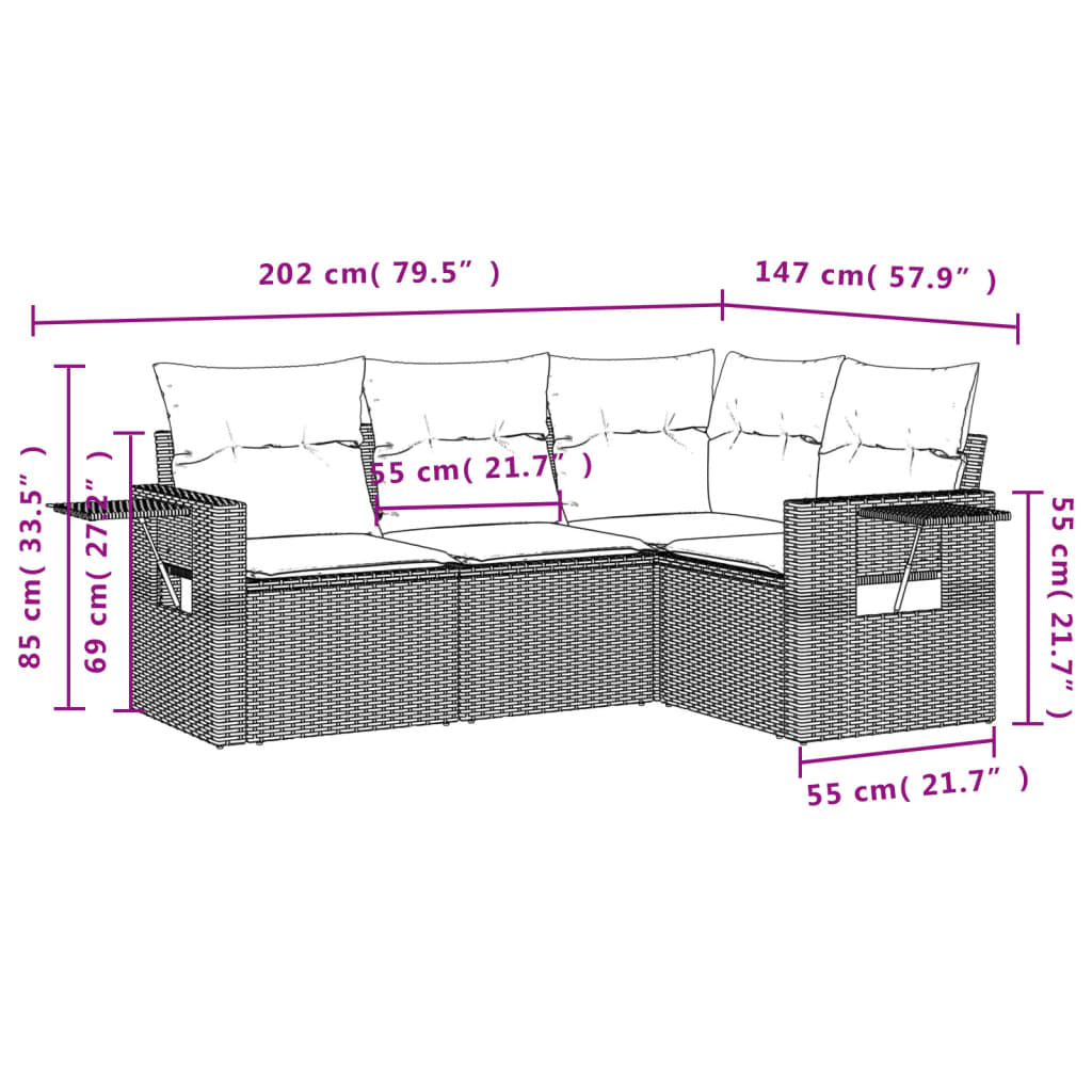 Set Divano da Giardino 4pz con Cuscini Grigio Chiaro Polyrattan