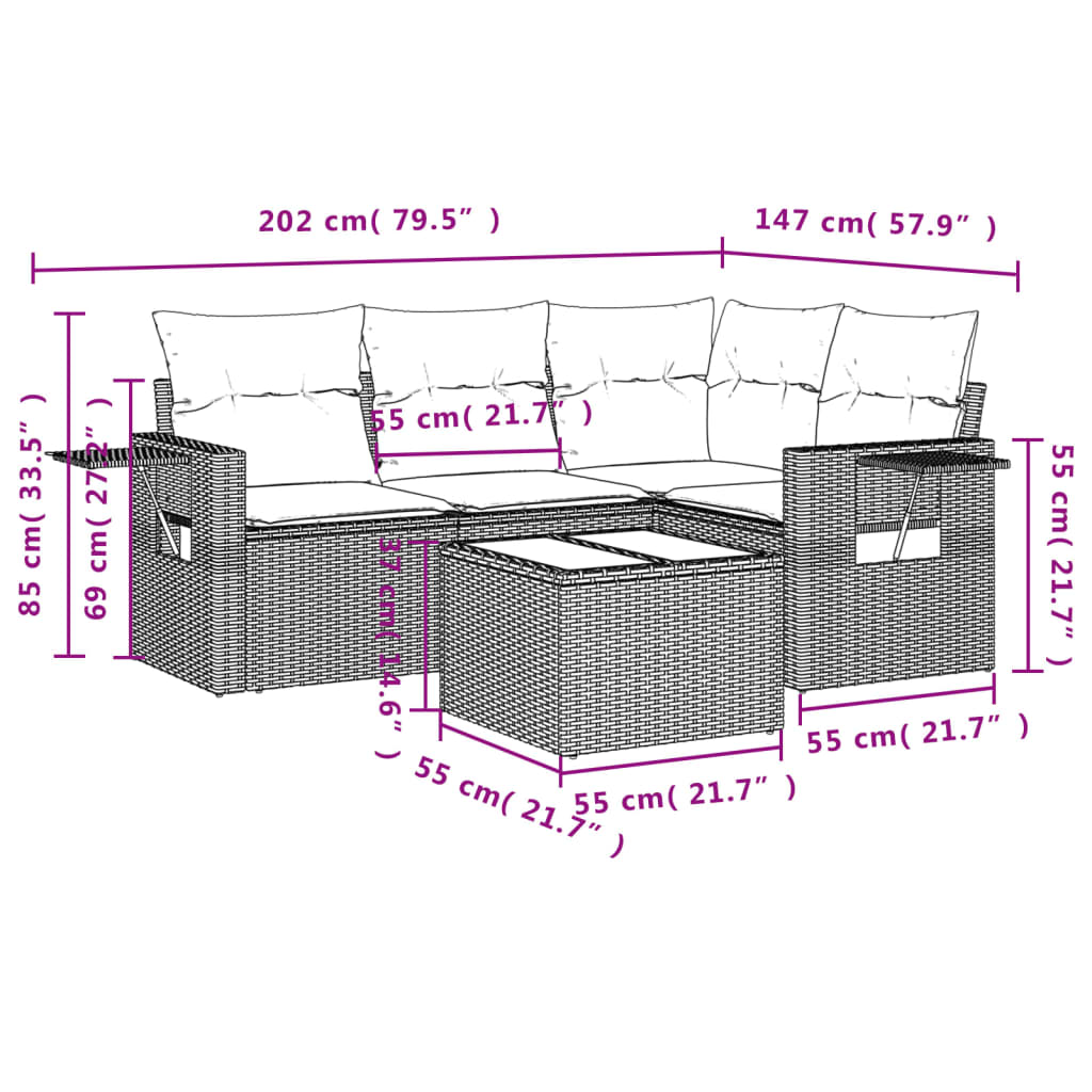 Set Divano da Giardino 5pz con Cuscini Grigio Chiaro Polyrattan