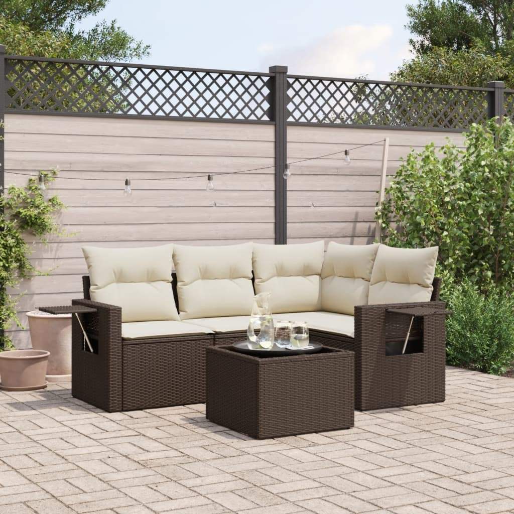 Set Divano da Giardino 5 pz con Cuscini Marrone in Polyrattan - homemem39