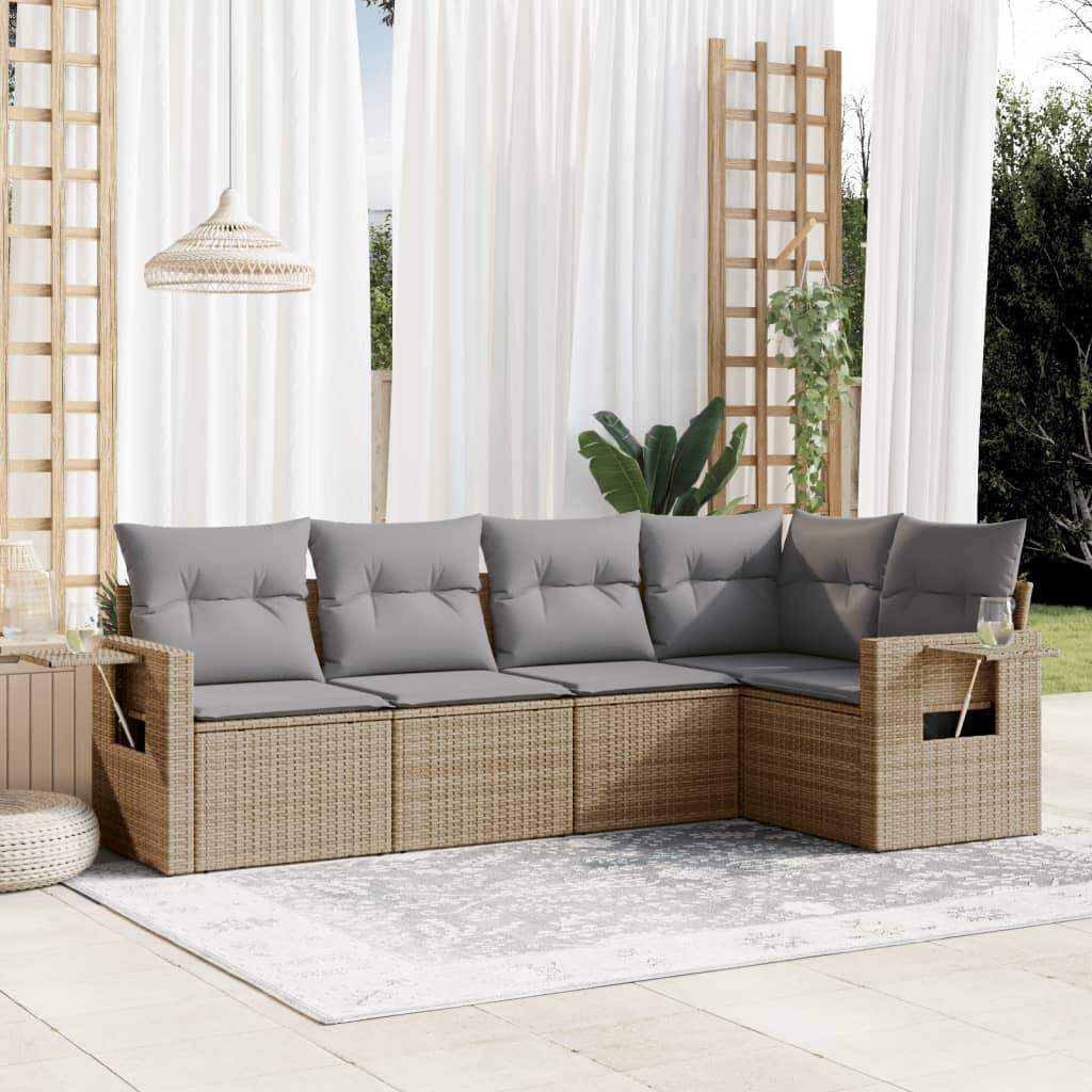Set Divano da Giardino 5 pz con Cuscini Beige in Polyrattan - homemem39