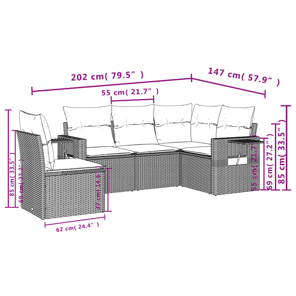 Set Divani da Giardino 5 pz con Cuscini in Polyrattan Nero