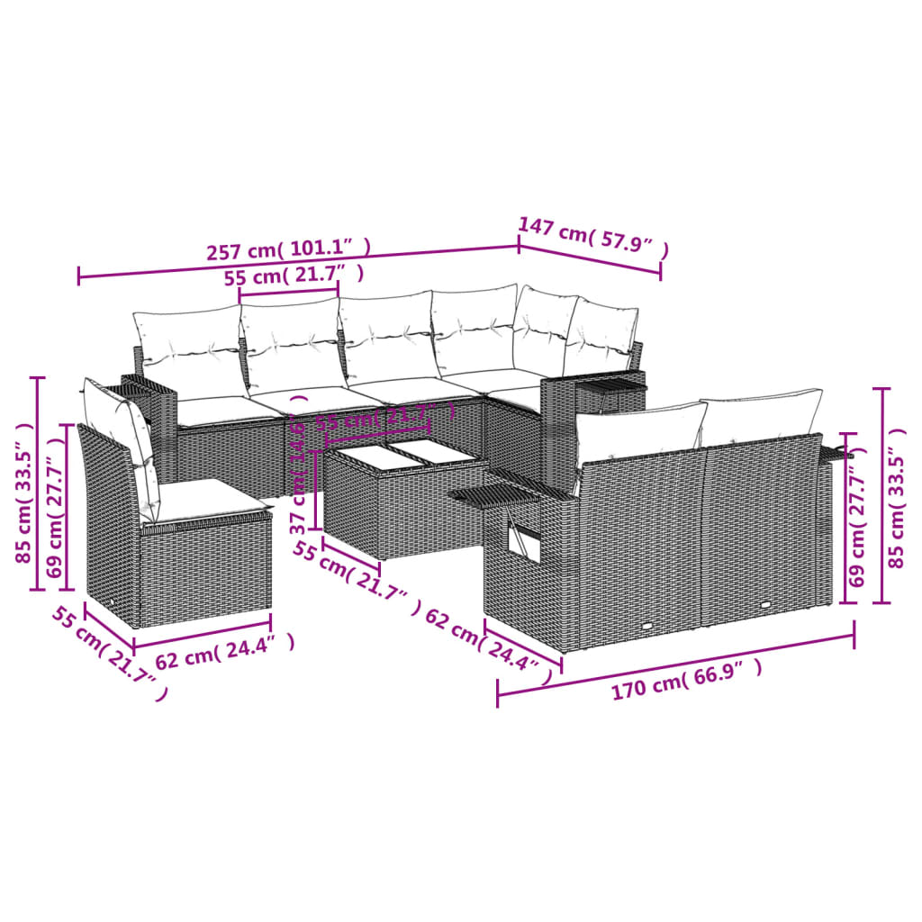 Set Divani da Giardino 9 pz con Cuscini Nero in Polyrattan | homemem39