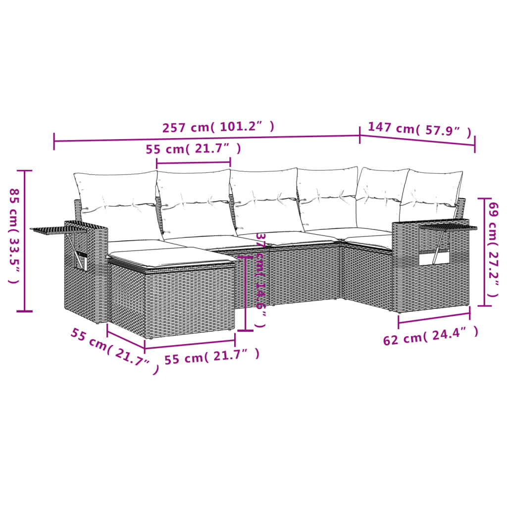 Set Divano da Giardino 6 pz con Cuscini Nero in Polyrattan