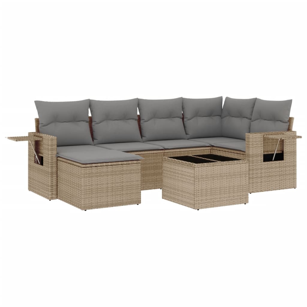 Set Divani da Giardino 7 pz con Cuscini Beige in Polyrattan