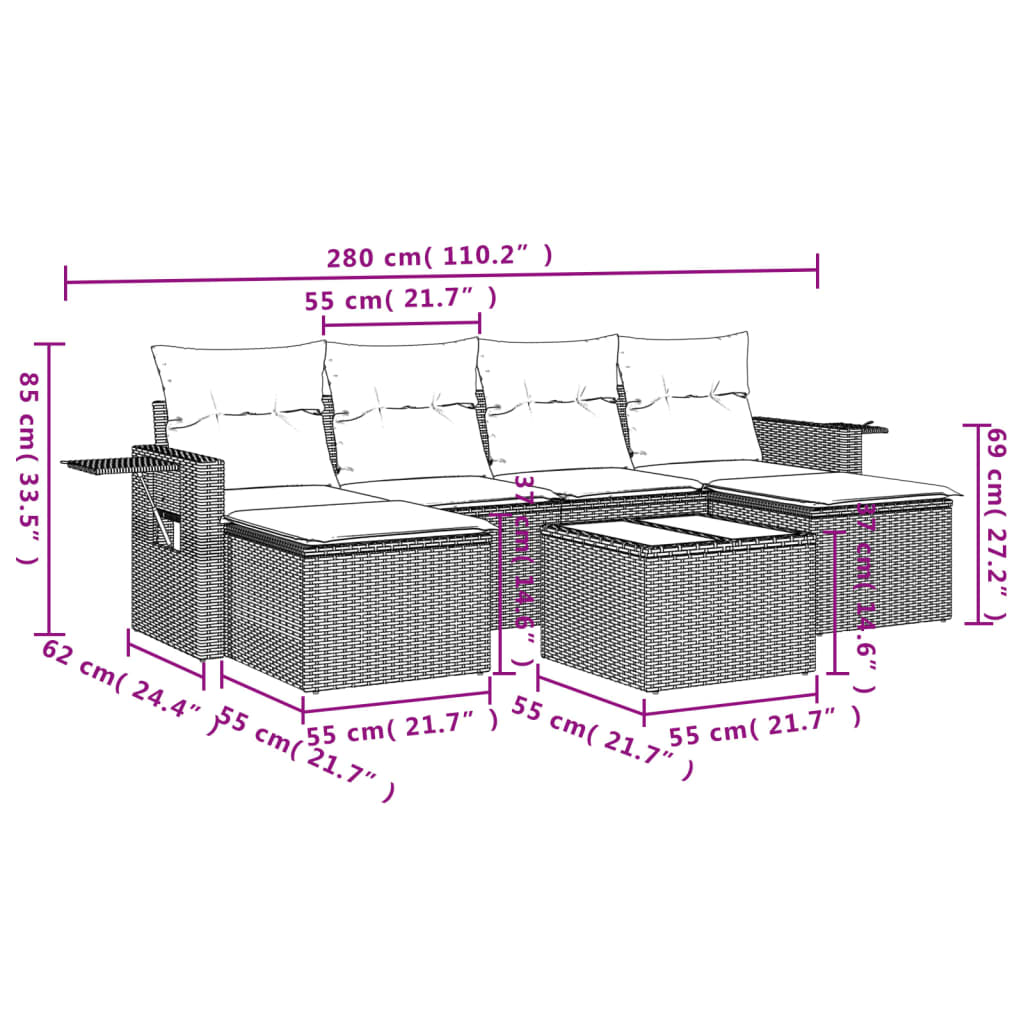 Set Divani da Giardino 7pz con Cuscini Grigio Chiaro Polyrattan