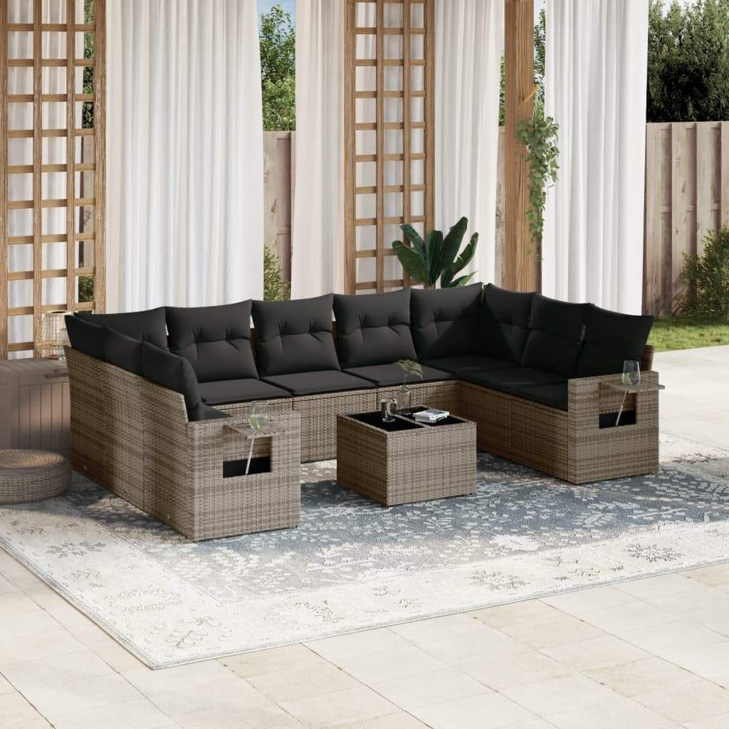 Set Divano da Giardino 10 pz con Cuscini Grigio in Polyrattan - homemem39