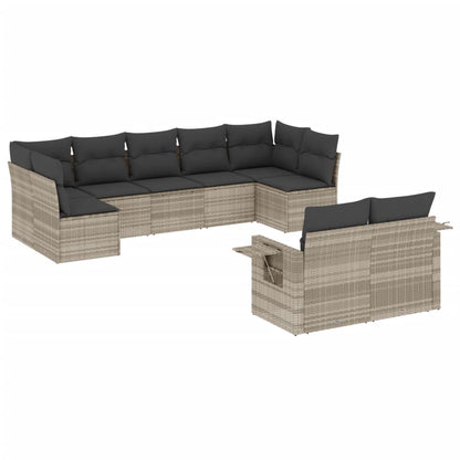 Set Divano da Giardino 9pz con Cuscini grigio chiaro Polyrattan