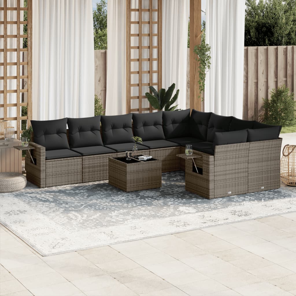 Set Divano da Giardino 10 pz con Cuscini Grigio in Polyrattan