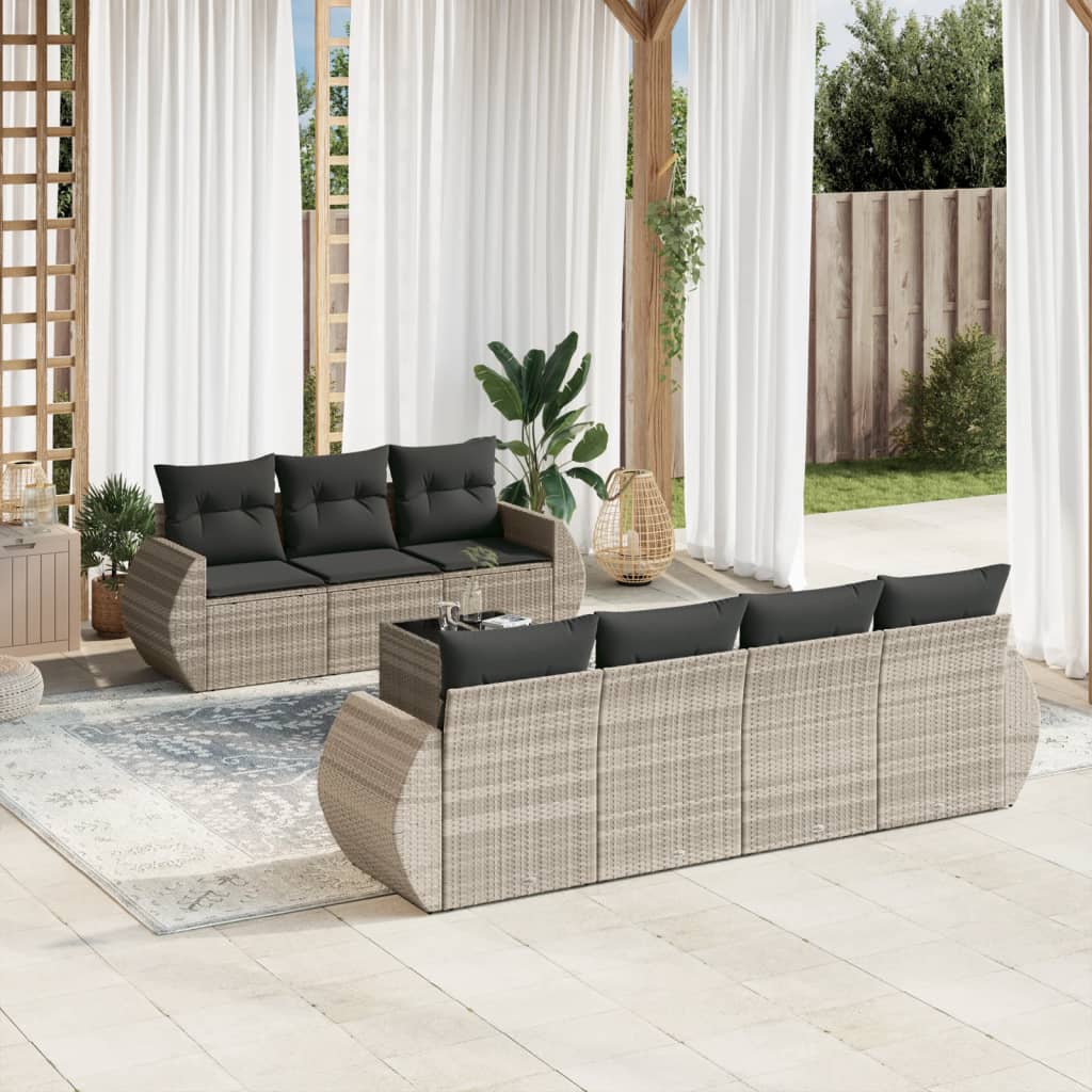 Set Divano da Giardino 8pz con Cuscini Grigio Chiaro Polyrattan