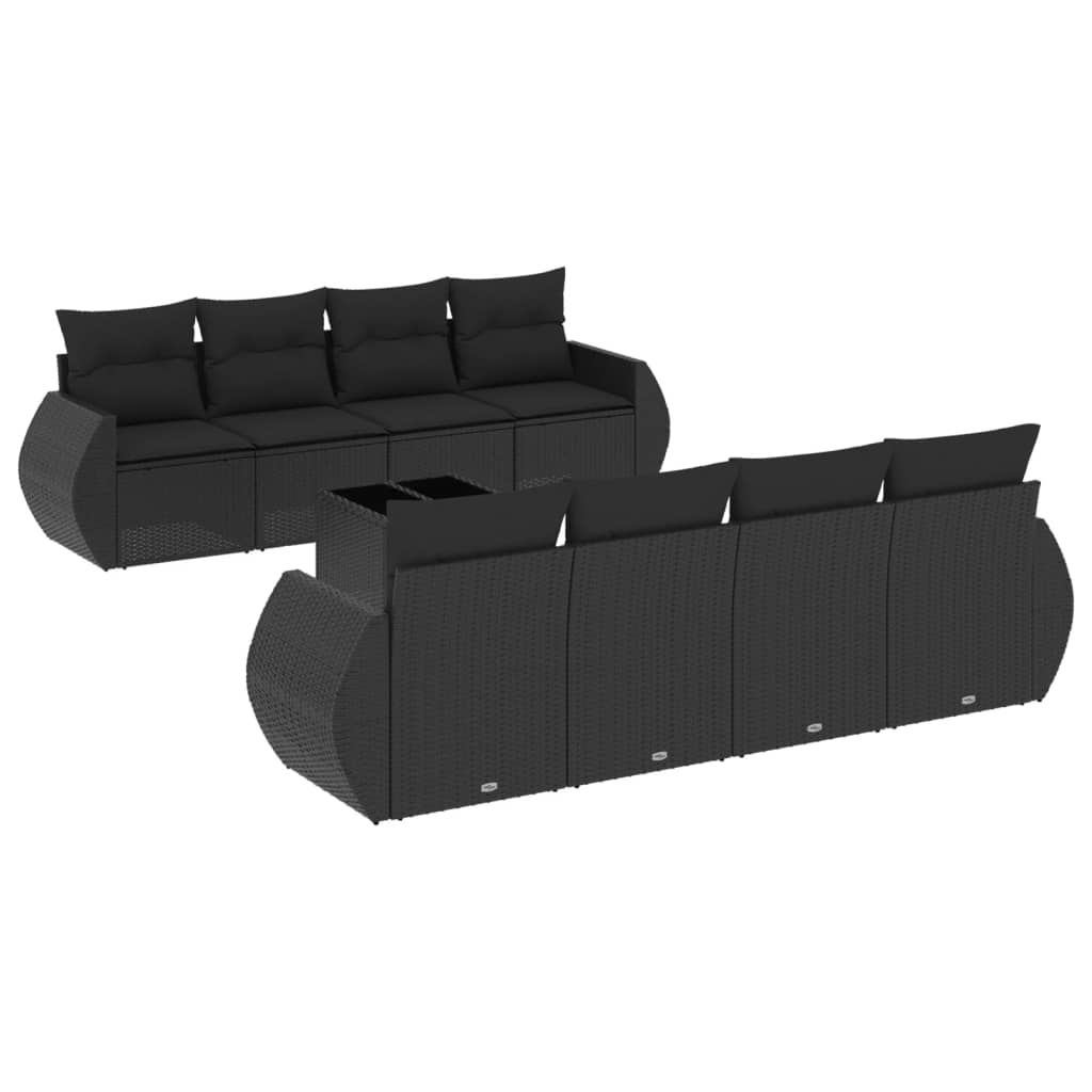 Set Divani da Giardino 9 pz con Cuscini Nero in Polyrattan