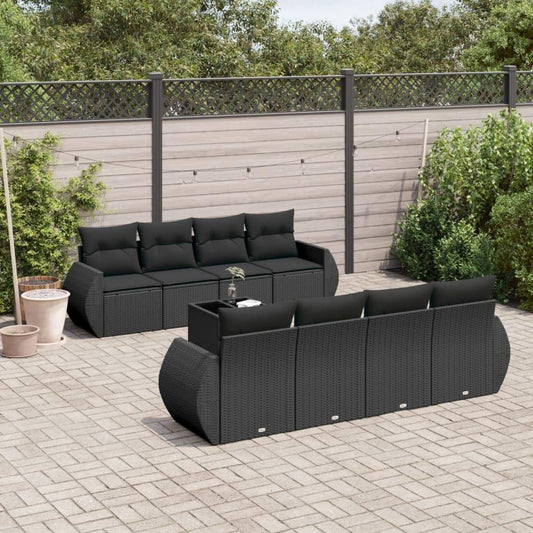 Set Divani da Giardino 9 pz con Cuscini Nero in Polyrattan - homemem39