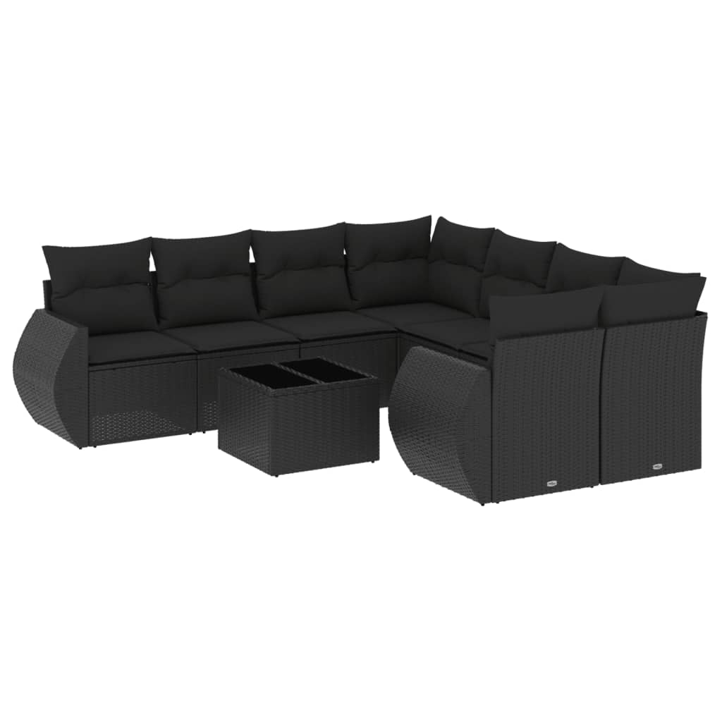 Set Divani da Giardino 9 pz con Cuscini Nero in Polyrattan