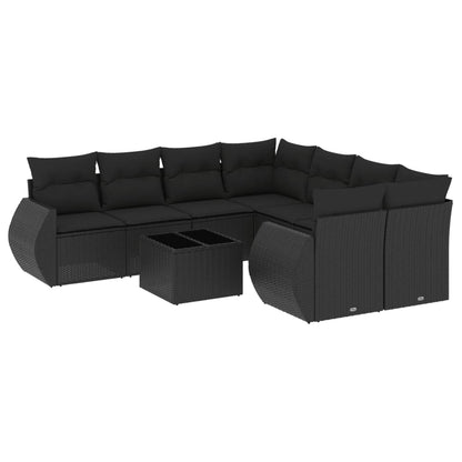 Set Divani da Giardino 9 pz con Cuscini Nero in Polyrattan