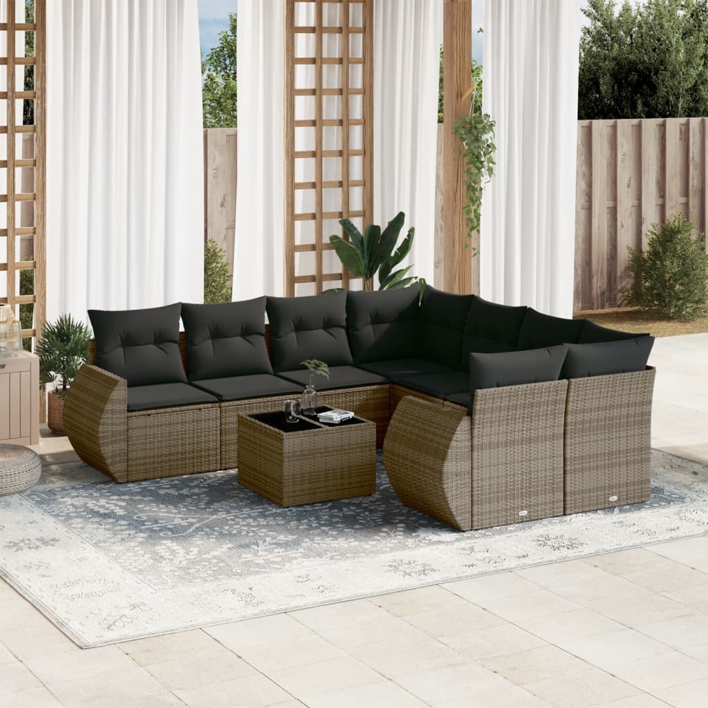 Set Divano da Giardino 9 pz con Cuscini Grigio in Polyrattan