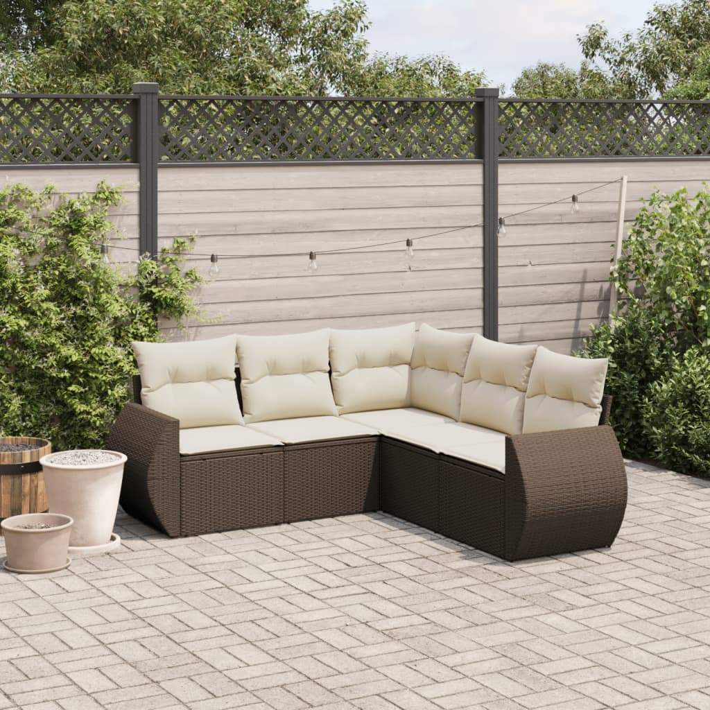 Set Divano da Giardino 5 pz con Cuscini Marrone in Polyrattan - homemem39