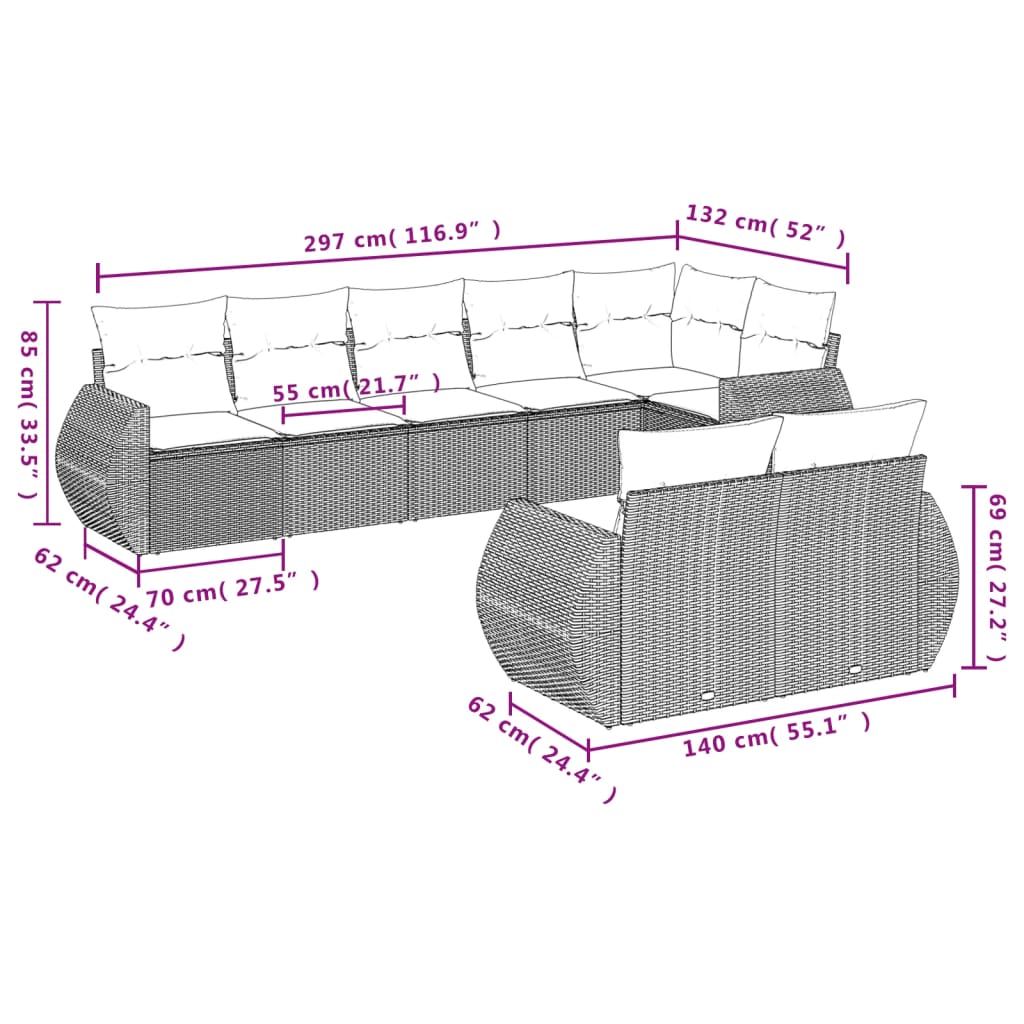 Set Divani da Giardino con Cuscini 8 pz Nero in Polyrattan | homemem39