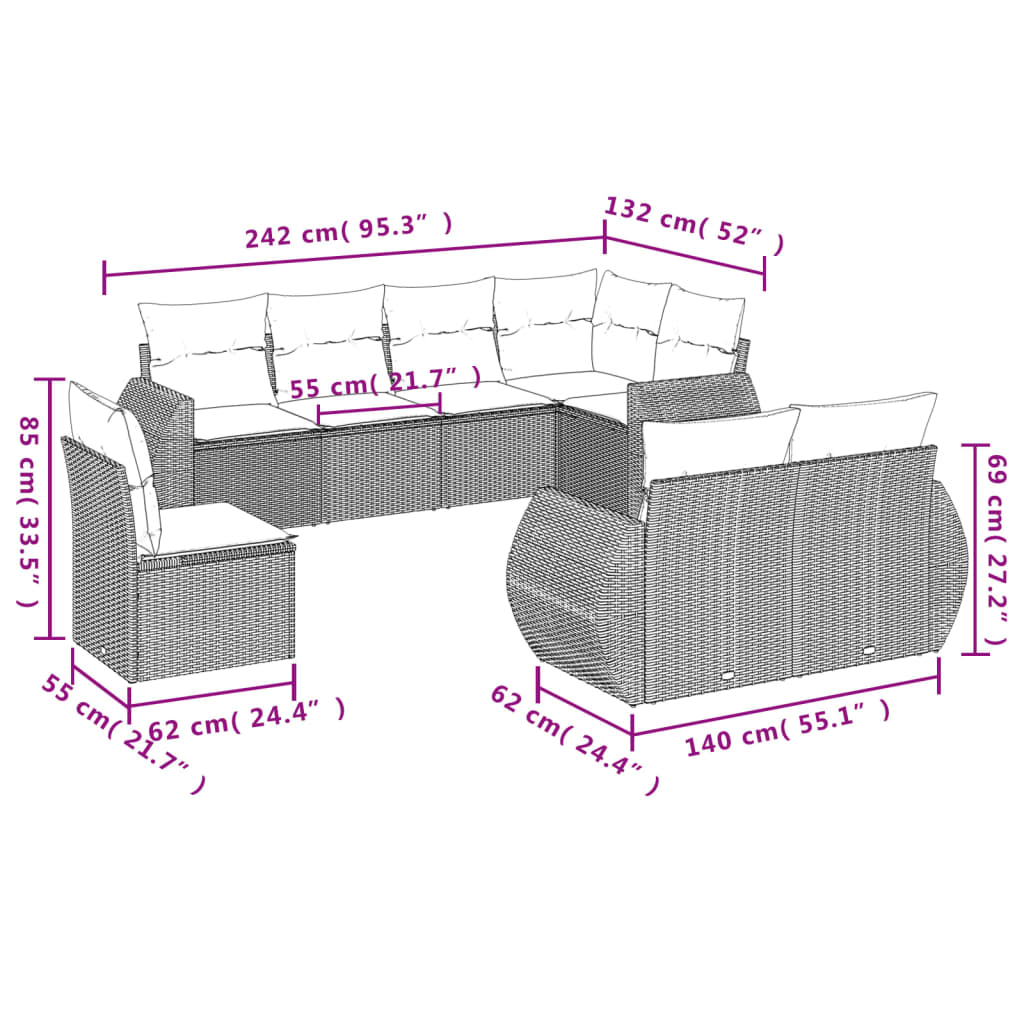 Set Divani da Giardino con Cuscini 8 pz Nero in Polyrattan | homemem39