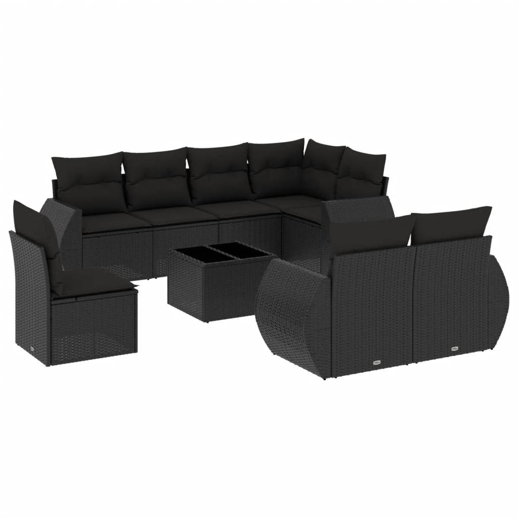 Set Divani da Giardino 9 pz con Cuscini Nero in Polyrattan | homemem39