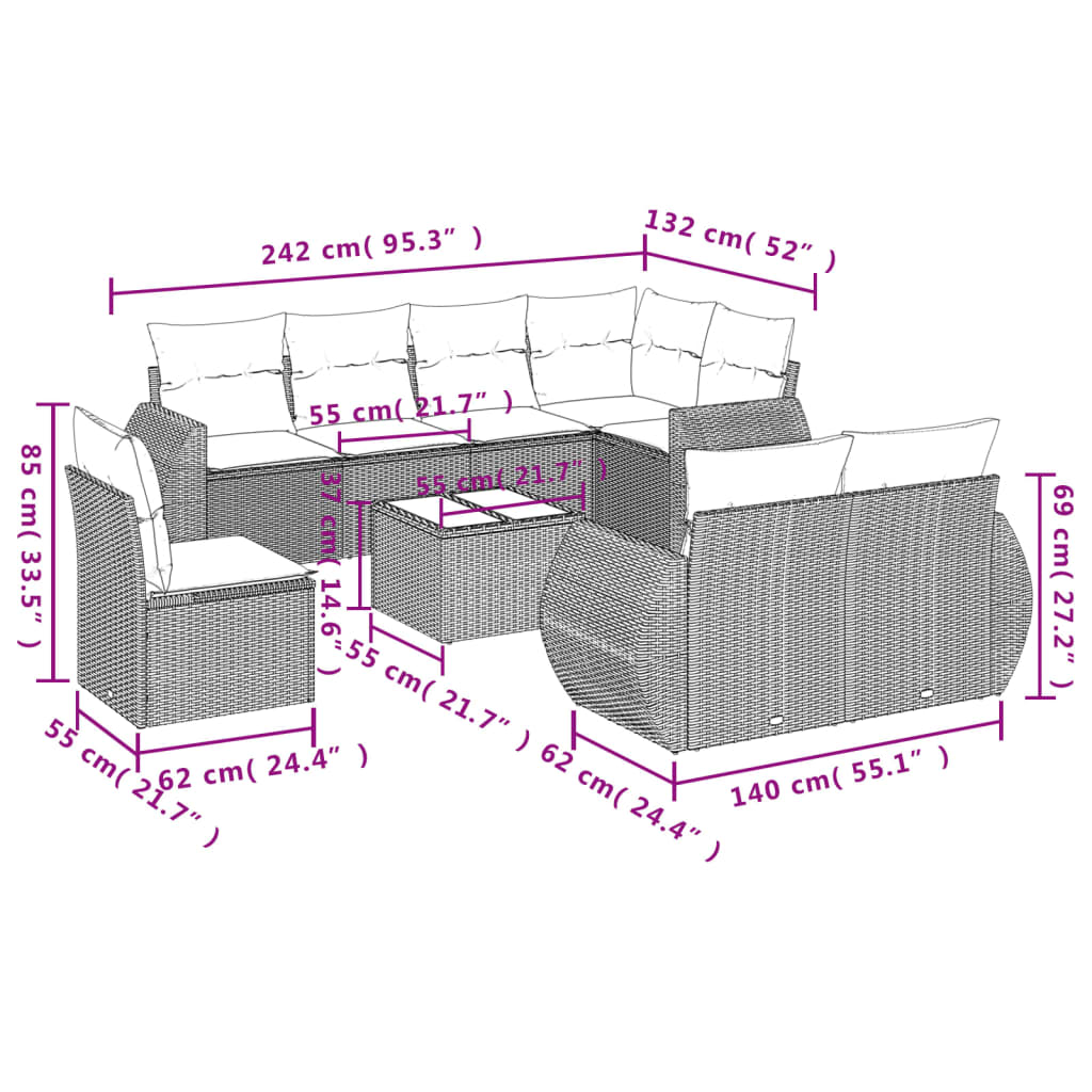 Set Divani da Giardino 9 pz con Cuscini Nero in Polyrattan | homemem39