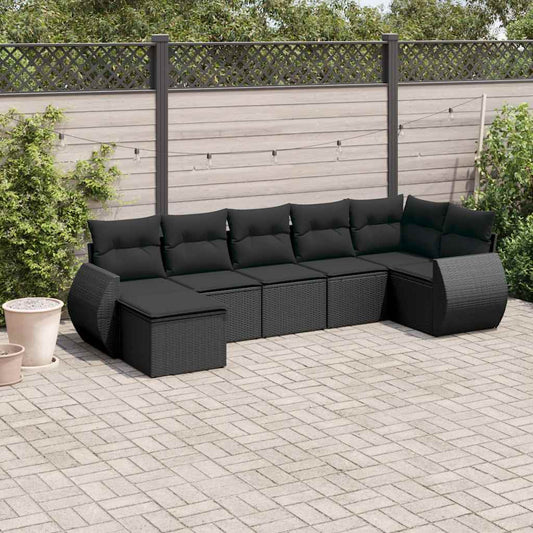 Set Divani da Giardino con Cuscini 7pz Nero Polyrattan