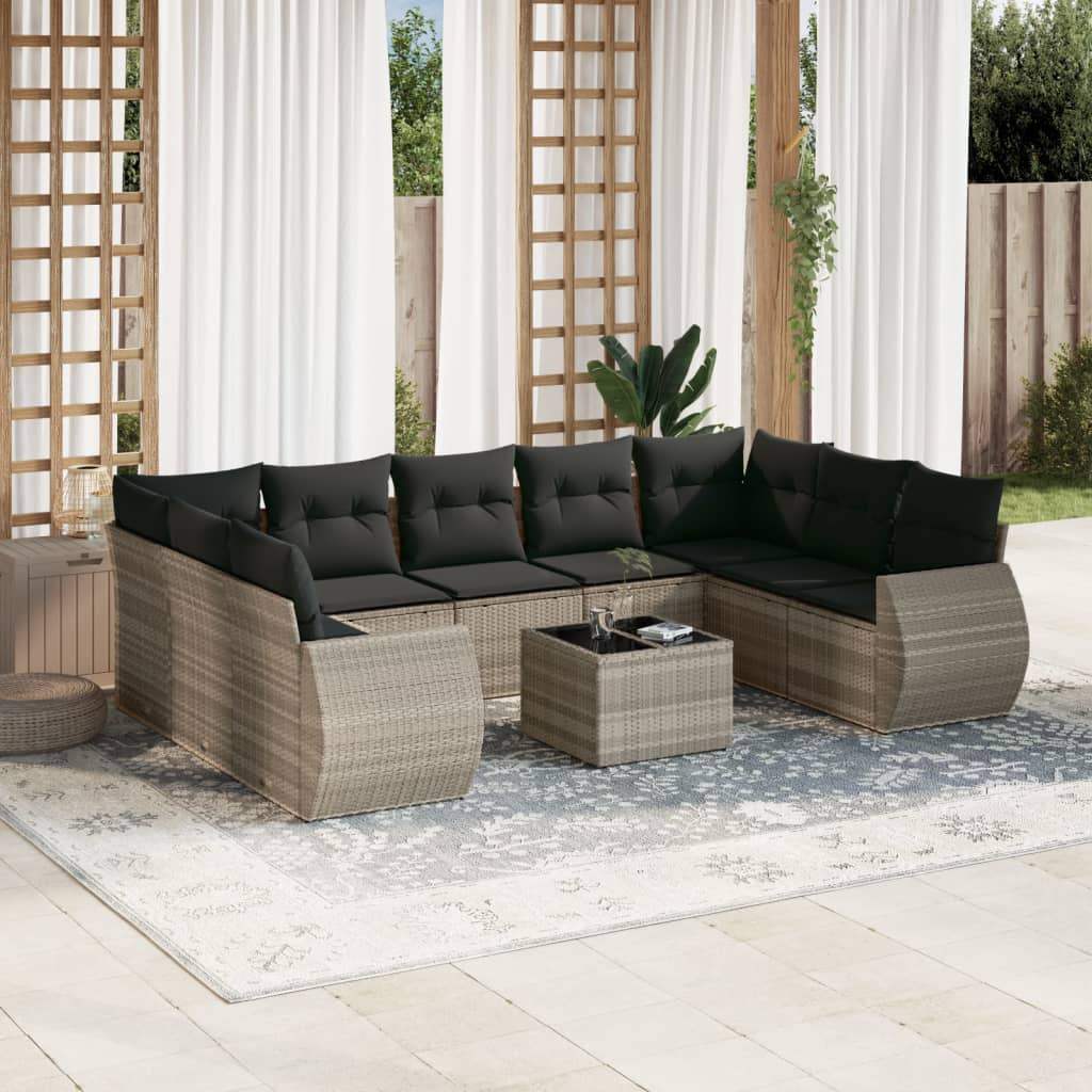 Set Divano Giardino 10 pz con Cuscini Grigio Chiaro Polyrattan - homemem39