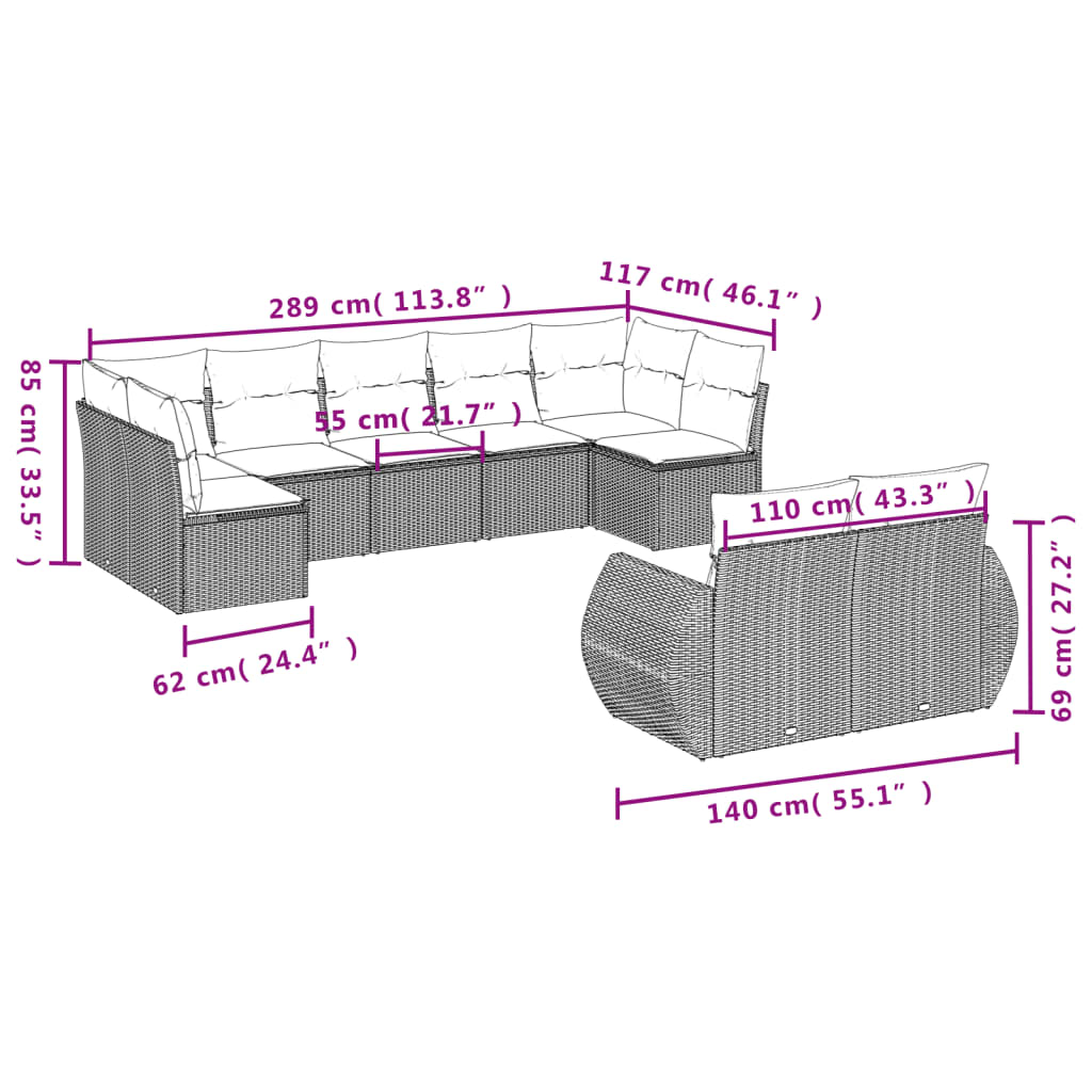 Set Divano da Giardino 9 pz con Cuscini Beige in Polyrattan | homemem39