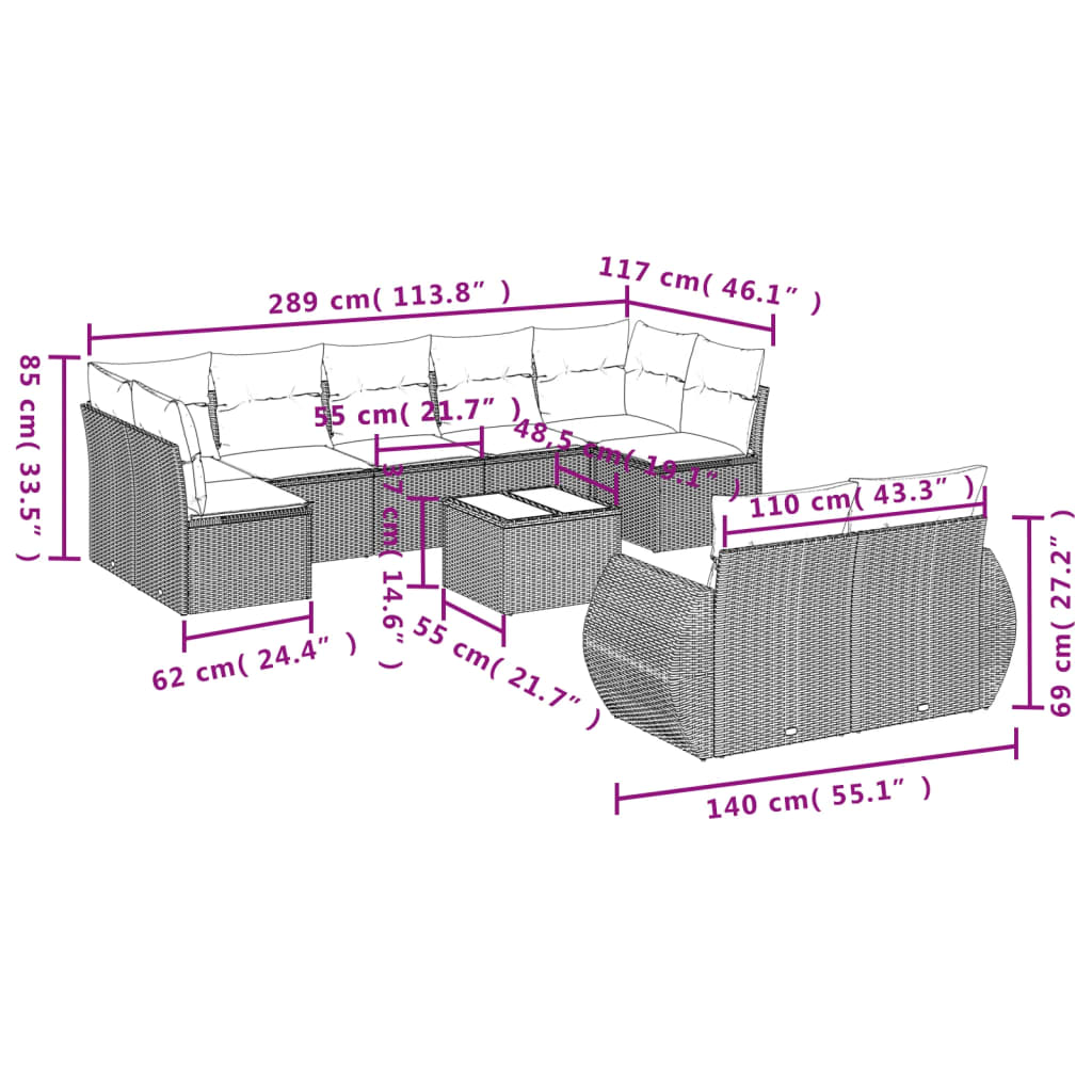 Set Divano da Giardino 10 pz con Cuscini Beige in Polyrattan | homemem39